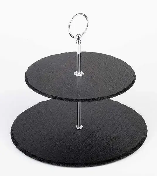 Etagere, 2-stufig, Schieferplatten Ø 25 cm, Ø 20 cm, Höhe 24 cm, Metall verchromt Sofort Bestellen
